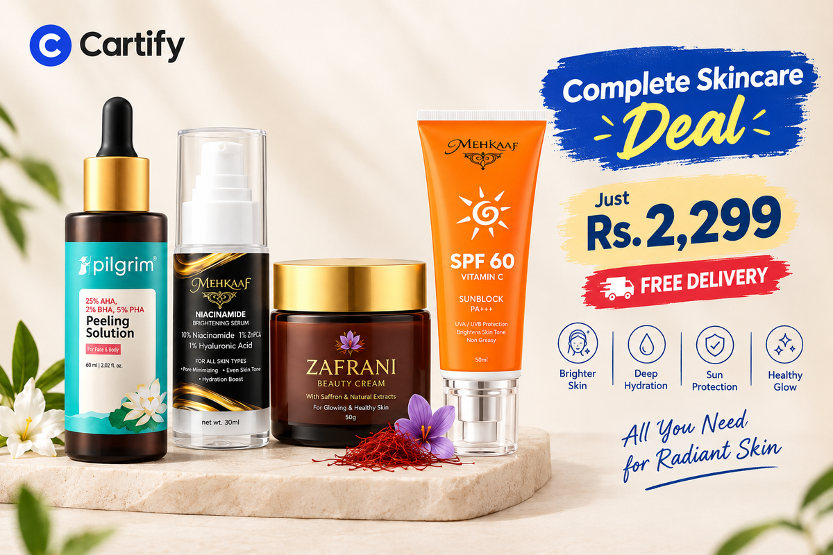 Complete Glow Routine Box – Serum + Sunblock + Zafrani Glow Cream + Pilgrim Peeling Solution